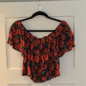 Off the shoulder, cropped floral woven top
